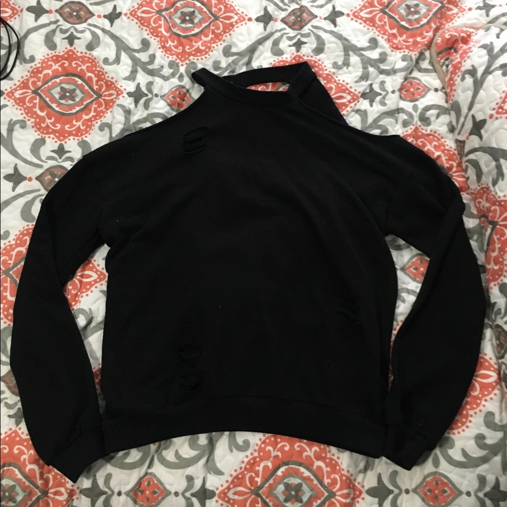 Black distress cold shoulder shirt long sleeve